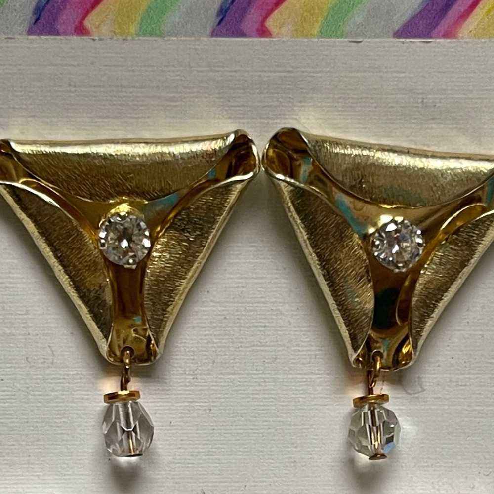 Stunning ,  One of a Kind Folded Sterling , Gold Plated Earrings with Crystals